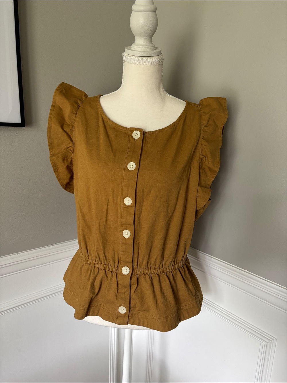 Dark Mustard Flutter-sleeve Button-up Peplum Top
